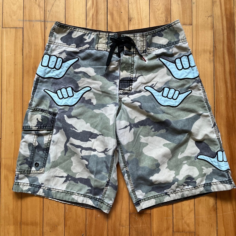 Quiksilver Camouflage Board Shorts Men's Size 30 Shaka Print Drawstring Pockets